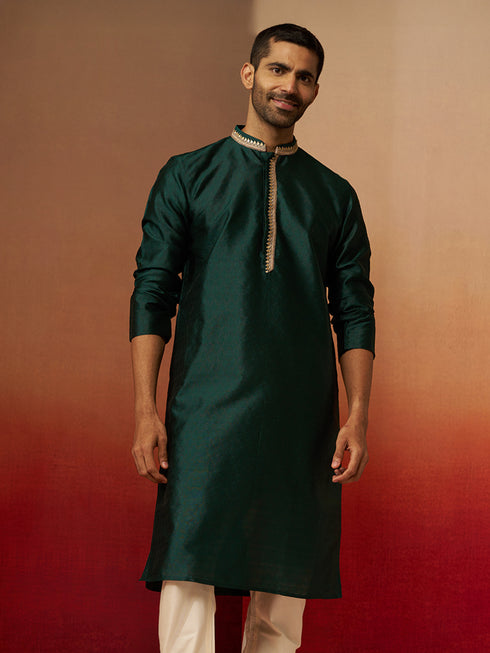 Vastramay Men Bottle Green Silk Anmol Jacquard Kurta